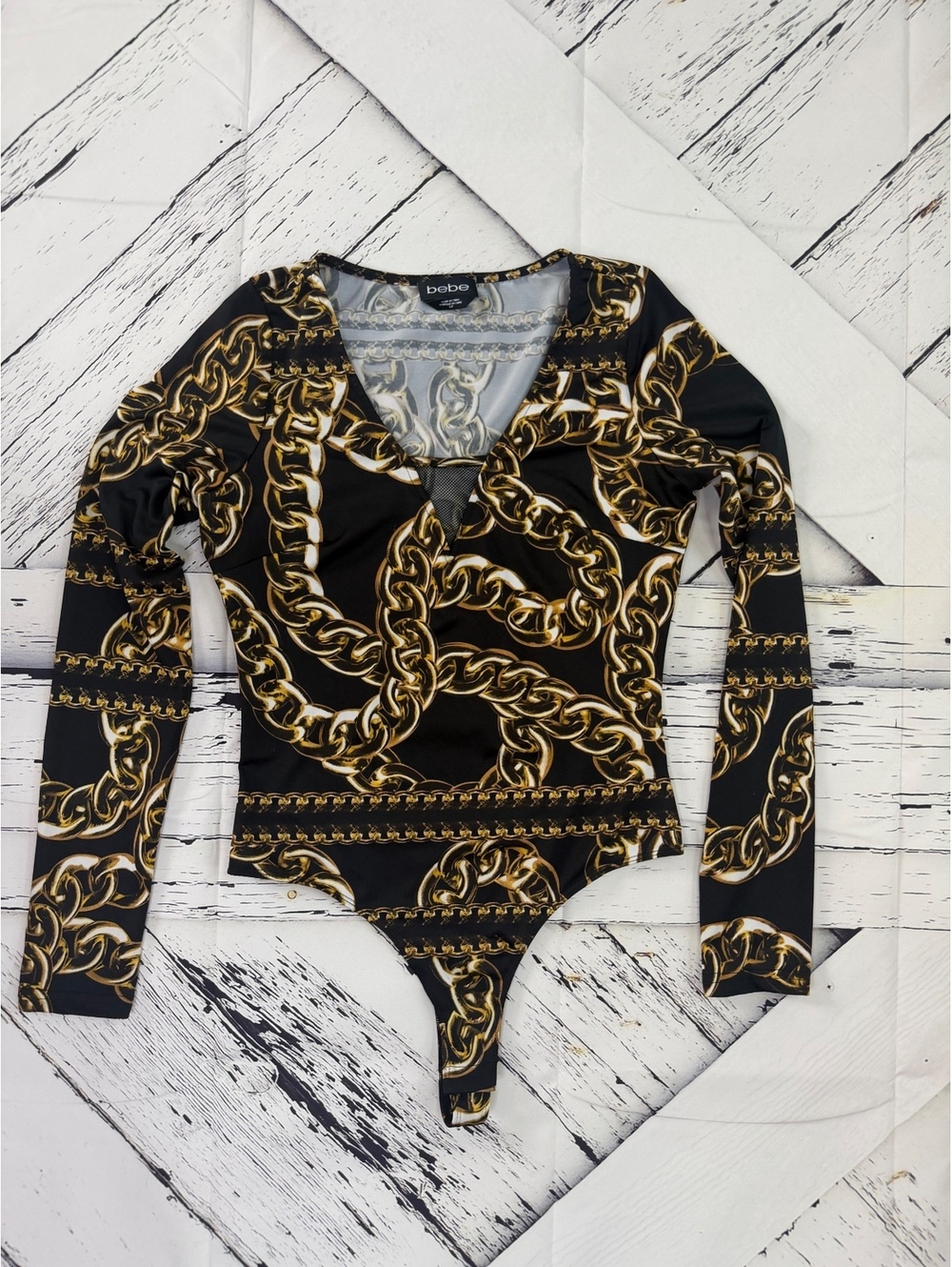 Bebe Baroque Chain Link Bodysuit Long Sleeve Glam V-Neck Womens Small Streetwear